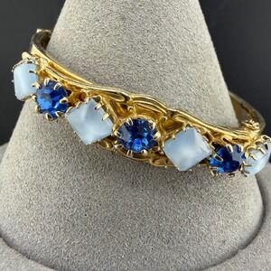 Vintage Rhinestone Bangle Bracelet  Blue Rhinestone Hinged ‎ 7"